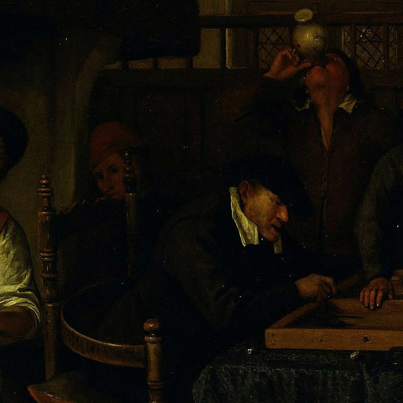 Interior of an inn with an old man amusing himself with the landlady and two men playing backgammon, known as 'Two kinds of games' by Jan Havicksz. Steen - 0_66fc1d448213847b6f357925