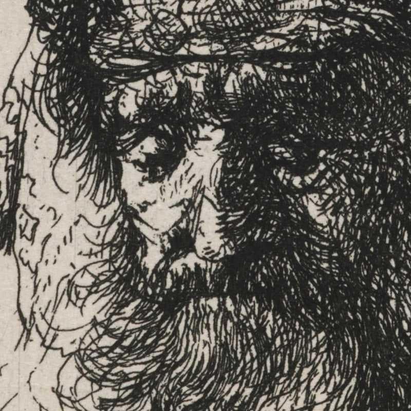 Bearded old man in a high fur cap, with eyes closed by Rembrandt van Rijn - 0_68460304489bc5bada5cf745