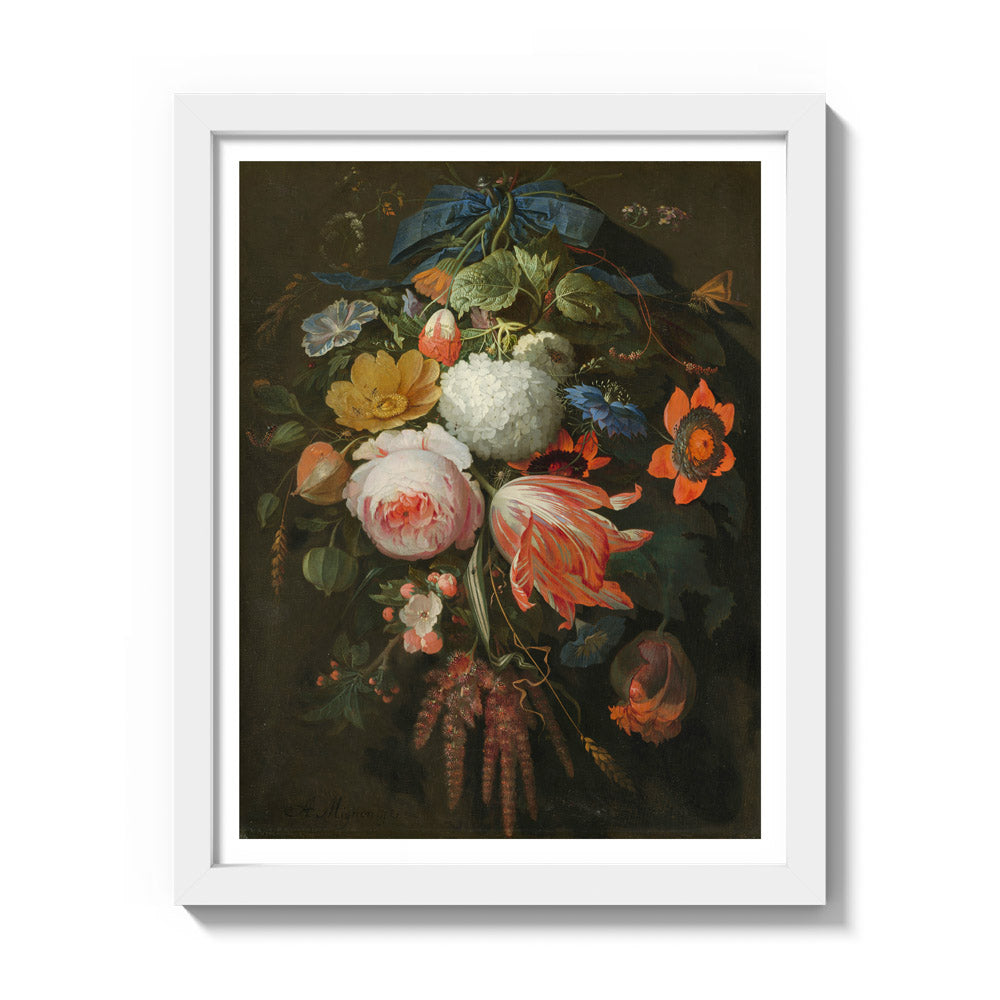 Abraham Mignon - A Hanging Bouquet of Flowers - Small / With Margin / White Frame - Poster