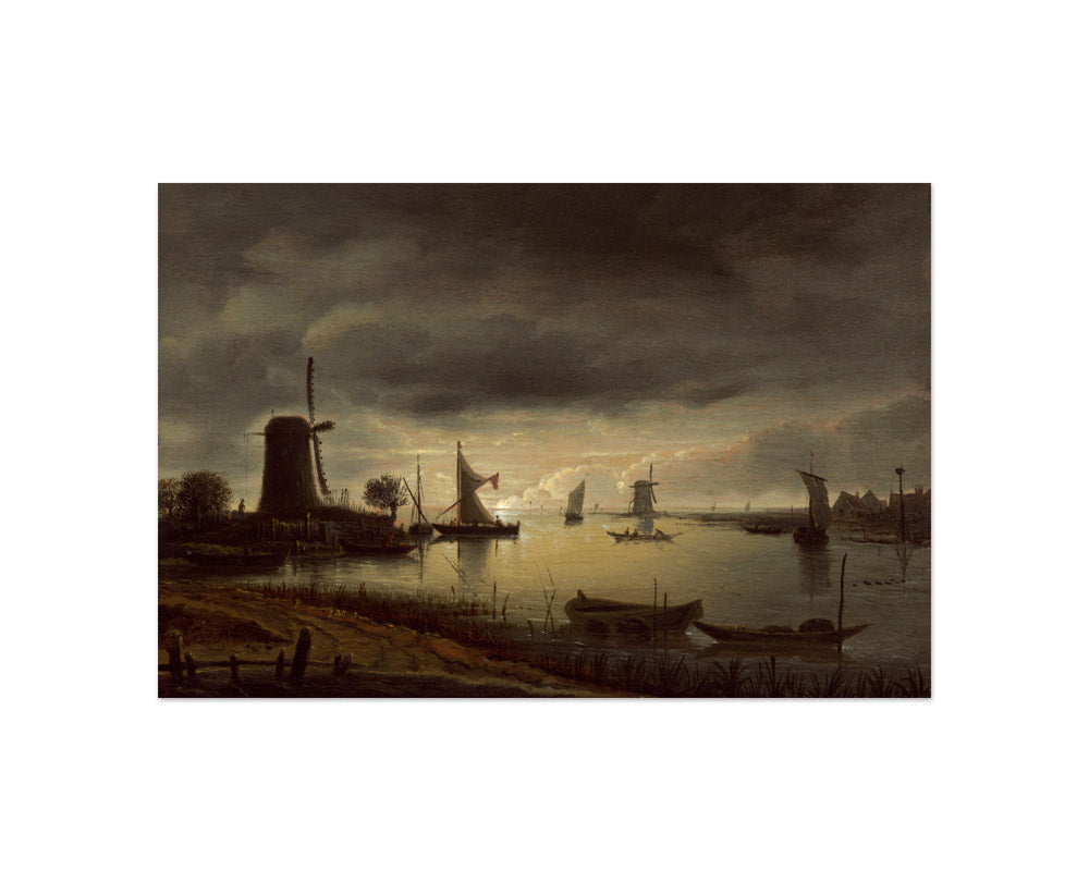 Anthonie van Borssom - River Scene with Windmill and Boats Evening - Compact / Full Bleed / No Frame - Poster