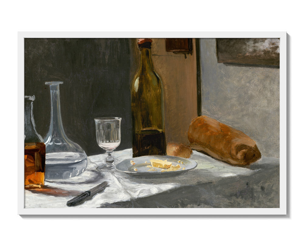 Claude Monet - Still Life with Bottle Carafe Bread and Wine - Extra Large / Full Bleed / White Frame - Poster