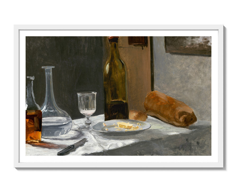 Claude Monet - Still Life with Bottle Carafe Bread and Wine - Extra Large / With Margin / White Frame - Poster