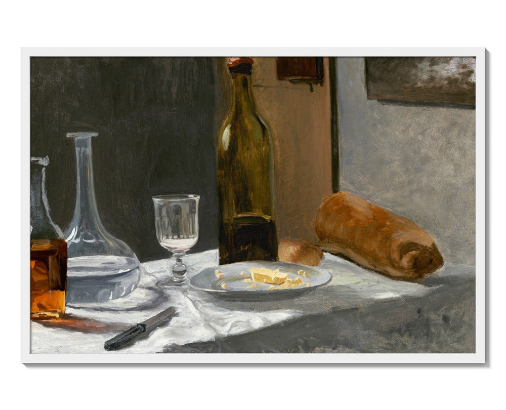 Claude Monet - Still Life with Bottle Carafe Bread and Wine - Majestic / Full Bleed / White Frame - Poster