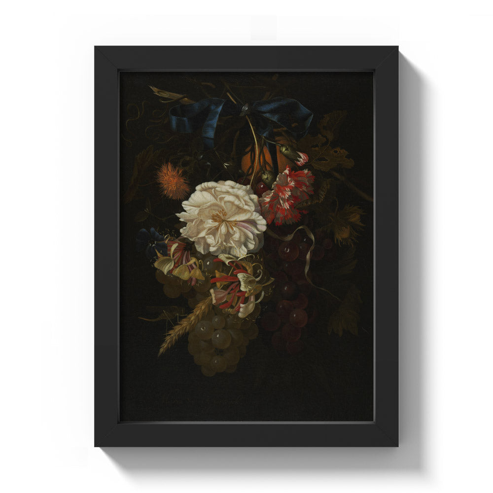 Bouquet of Flowers and Fruit with Blue Ribbon by Maria van Oosterwijck - Compact / Full Bleed / Black Frame