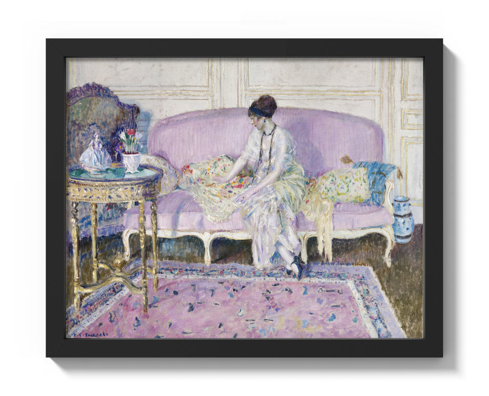 Woman Seated on Sofa in Interior by Frederick Carl Frieseke - Small / Full Bleed / Black Frame