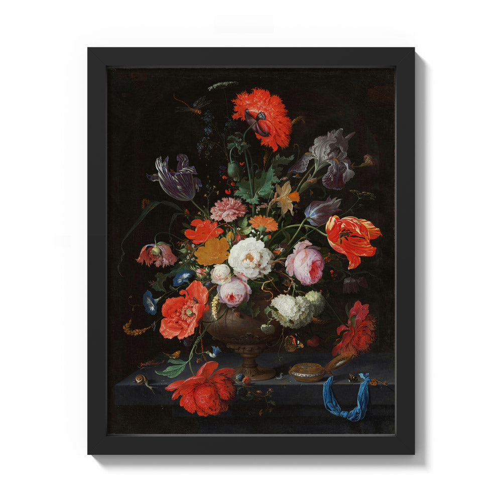Still Life with Flowers and a Watch by Abraham Mignon - Small / Full Bleed / Black Frame