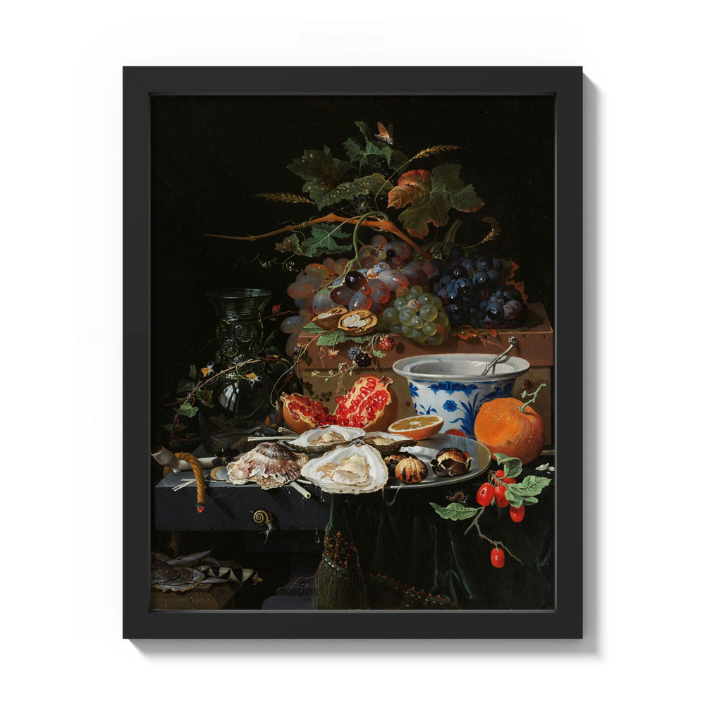 Still Life with Fruit, Oysters, and a Porcelain Bowl by Abraham Mignon - Small / Full Bleed / Black Frame
