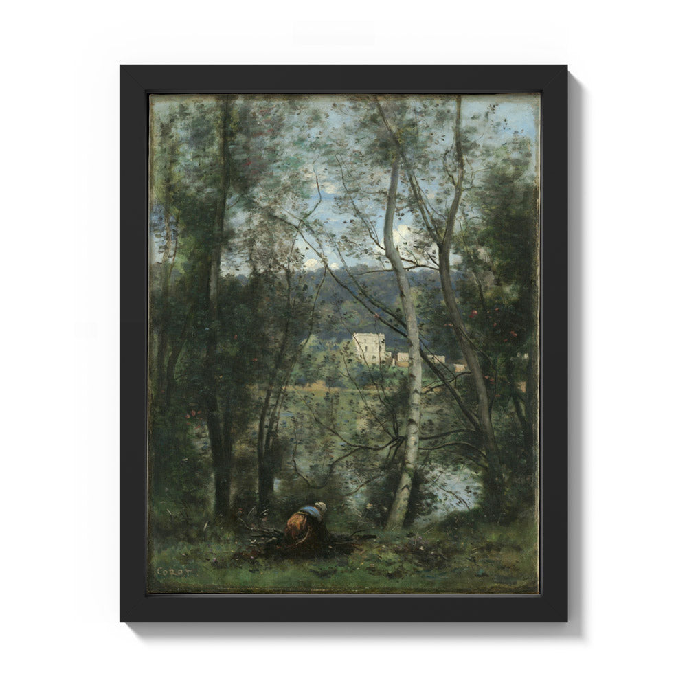 A Woman Gathering Faggots at Ville-d'Avray by Camille Corot - Small / Full Bleed / Black Frame