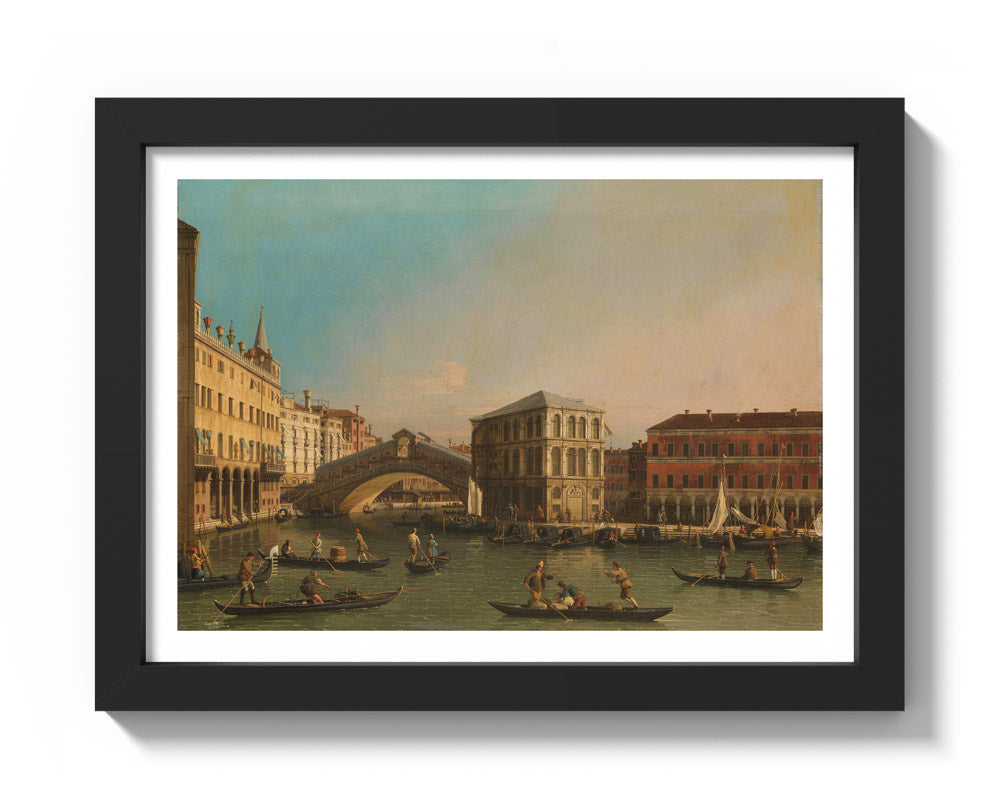 The Grand Canal with the Rialto Bridge and the Fondaco dei Tedeschi by Canaletto - Compact / With Margin / Black Frame