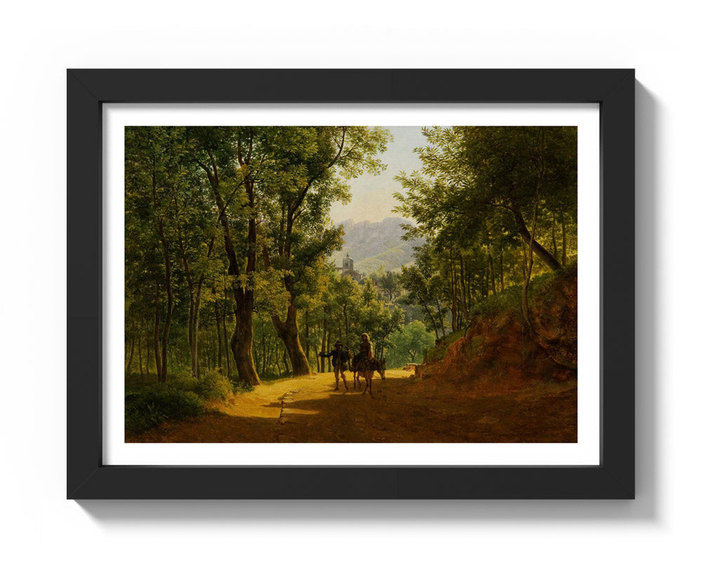 Italian Landscape (Path near Cava de' Tirreni with the Church of Santa Maria Maggiore of Corpo di Cava and Monte Finestra in the background) by Joseph Rebell - Compact / With Margin / Black Frame