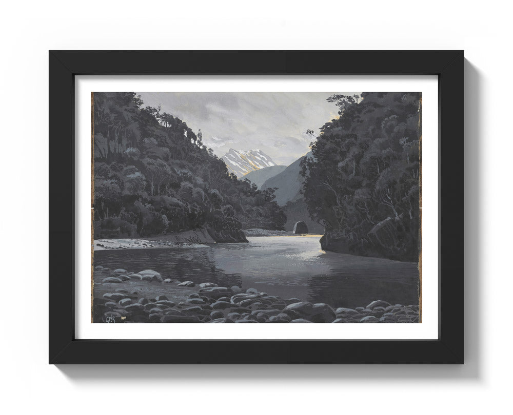 Looking up the Karangarua Range from above the Great Cataract by George Sturtevant - Compact / With Margin / Black Frame
