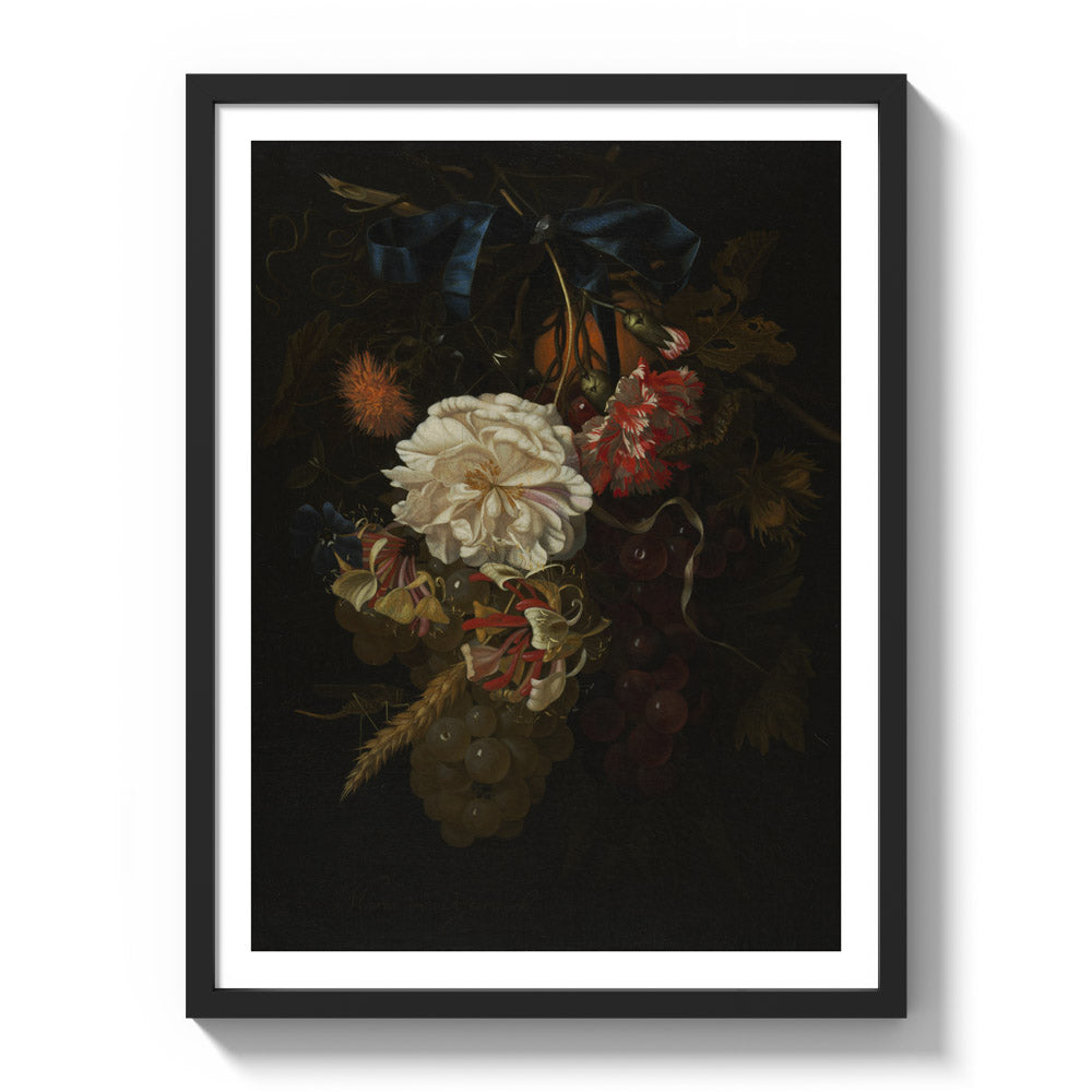 Bouquet of Flowers and Fruit with Blue Ribbon by Maria van Oosterwijck - Large / With Margin / Black Frame