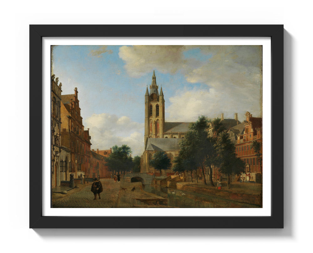 The Oude Delft Canal and the Oude Kerk, Delft by Jan van der Heyden - Small / With Margin / Black Frame