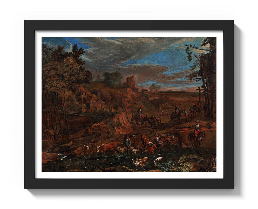 Autumn Landscape with Ford and Cattle Drive by Hans Johann Baptist Graf - Small / With Margin / Black Frame