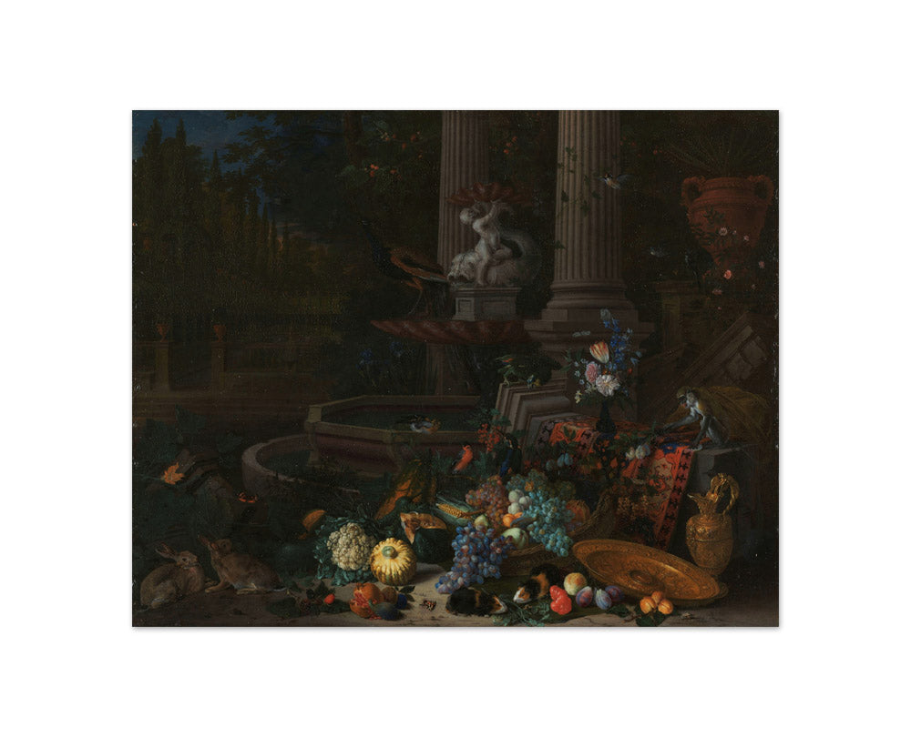 Still Life with Vegetables before a Draped, Overturned Plinth by an Ornamental Fountain by Peeter Gijsels - Compact / Full Bleed / No Frame