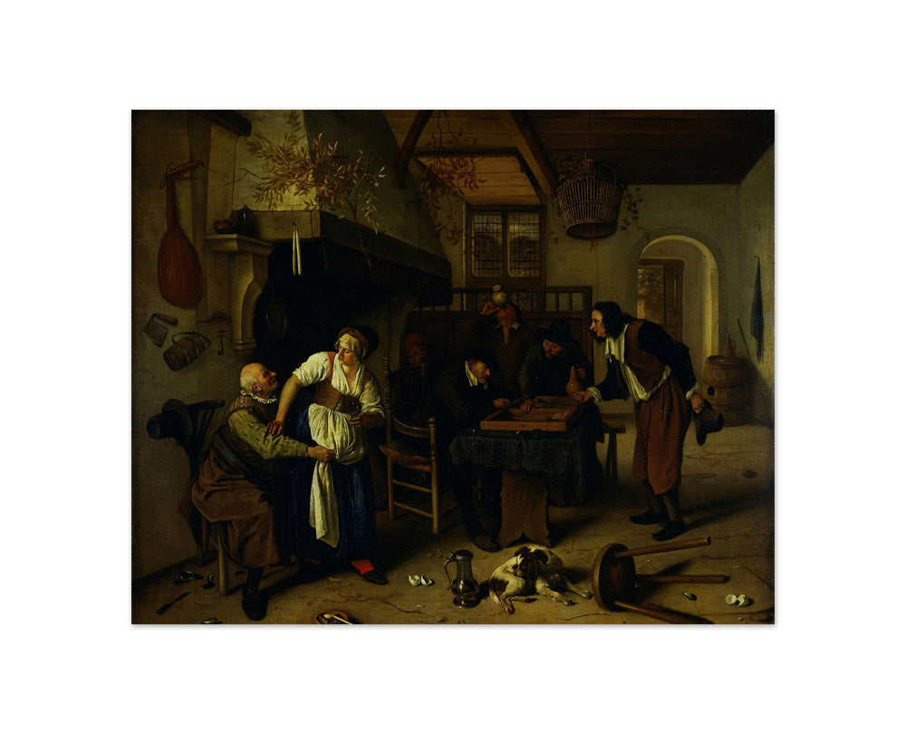 Interior of an inn with an old man amusing himself with the landlady and two men playing backgammon, known as 'Two kinds of games' by Jan Havicksz. Steen - Compact / Full Bleed / No Frame