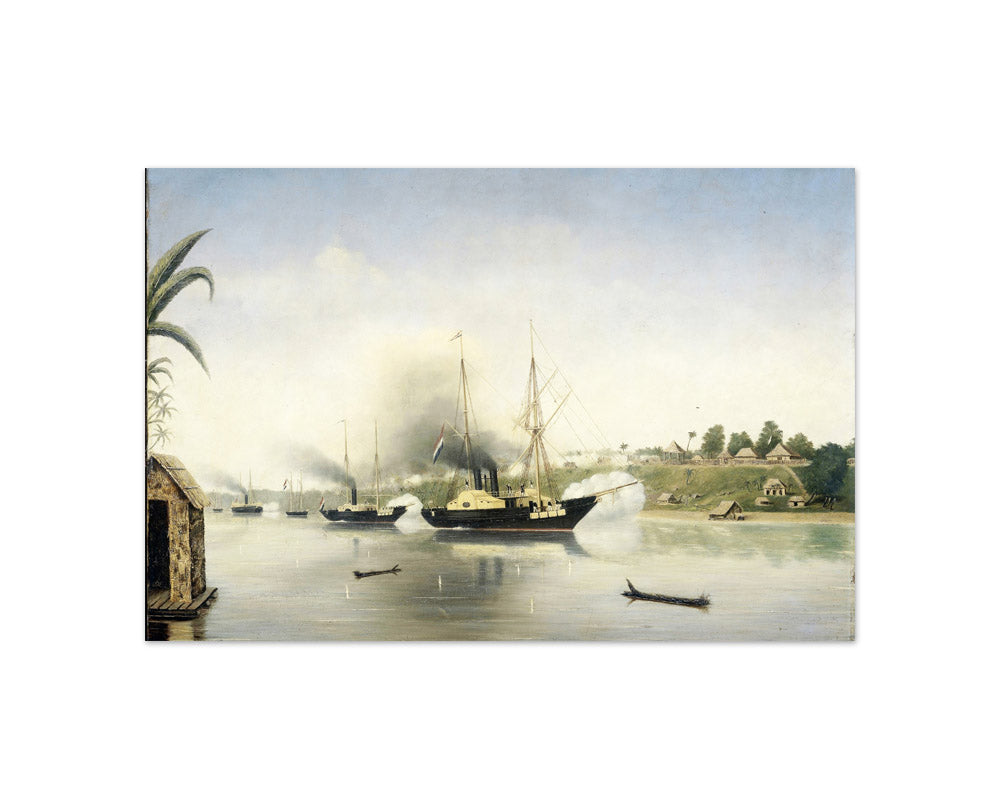 The Bombardment of the Sultan of Djambi's Kraton by the Government Naval Ships 'Celebes', 'Admiraal van Kinsbergen' and 'Onrust' on 8 September 1858 by Unknown - Compact / Full Bleed / No Frame