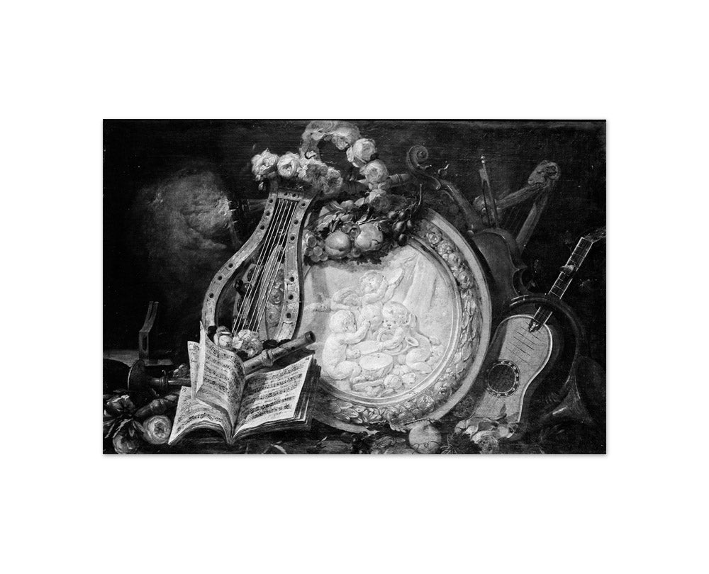 Putti Musicians in a Medallion, Surrounded by Musical Attributes, Flowers, and Fruit by Anne Vallayer-Coster - Compact / Full Bleed / No Frame