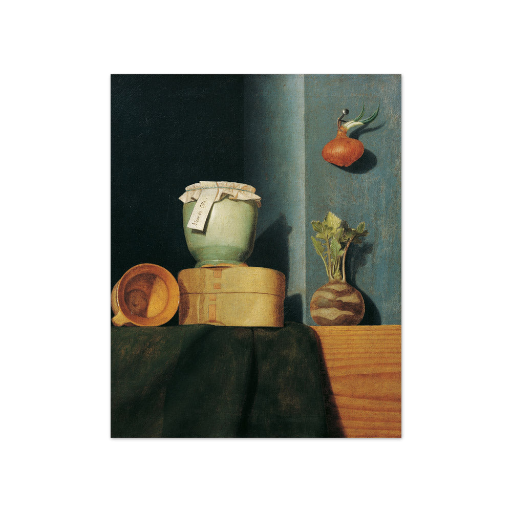 Still life with kitchenware, onion, and kohlrabi by Anna Maria Punz - Compact / Full Bleed / No Frame