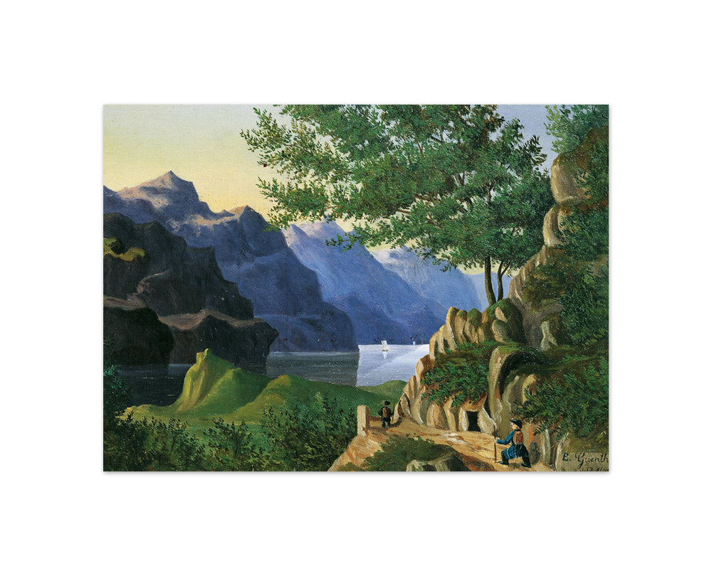 Mountain lake with hiker by E. Guenther - Compact / Full Bleed / No Frame