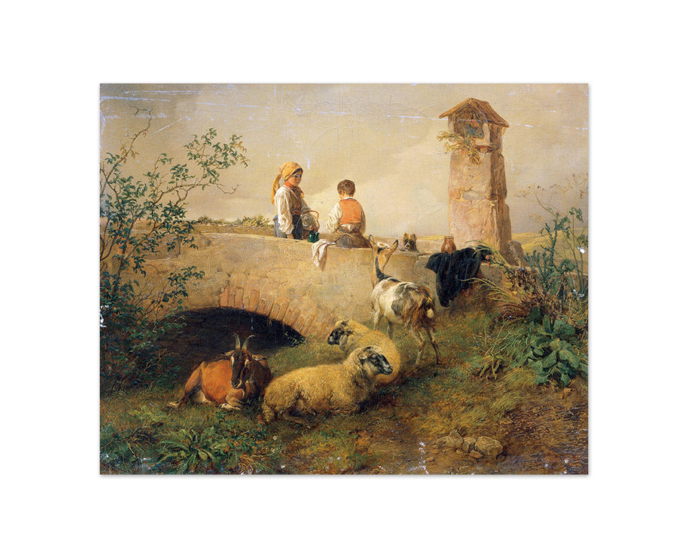 Boy and Girl with Sheep and Goats by Leopold Brunner the Younger - Compact / Full Bleed / No Frame