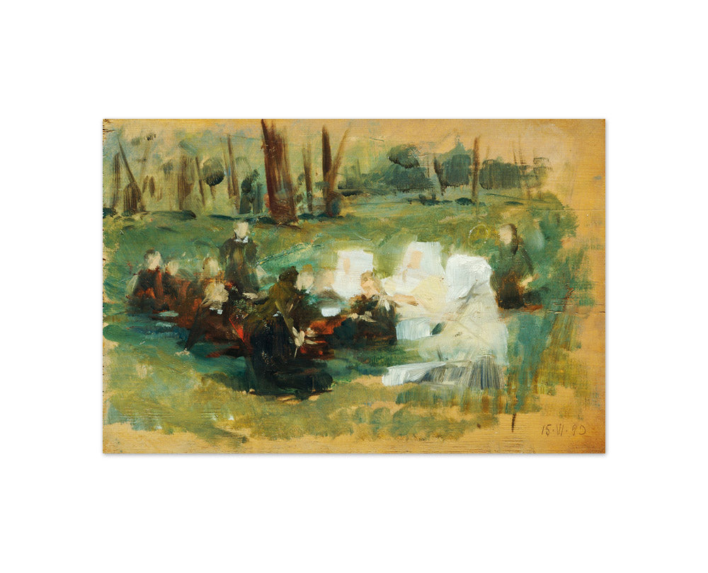 Kindergarten group with three white-clad nuns and a clergyman on a forest meadow in the sun by Otto Friedrich - Compact / Full Bleed / No Frame