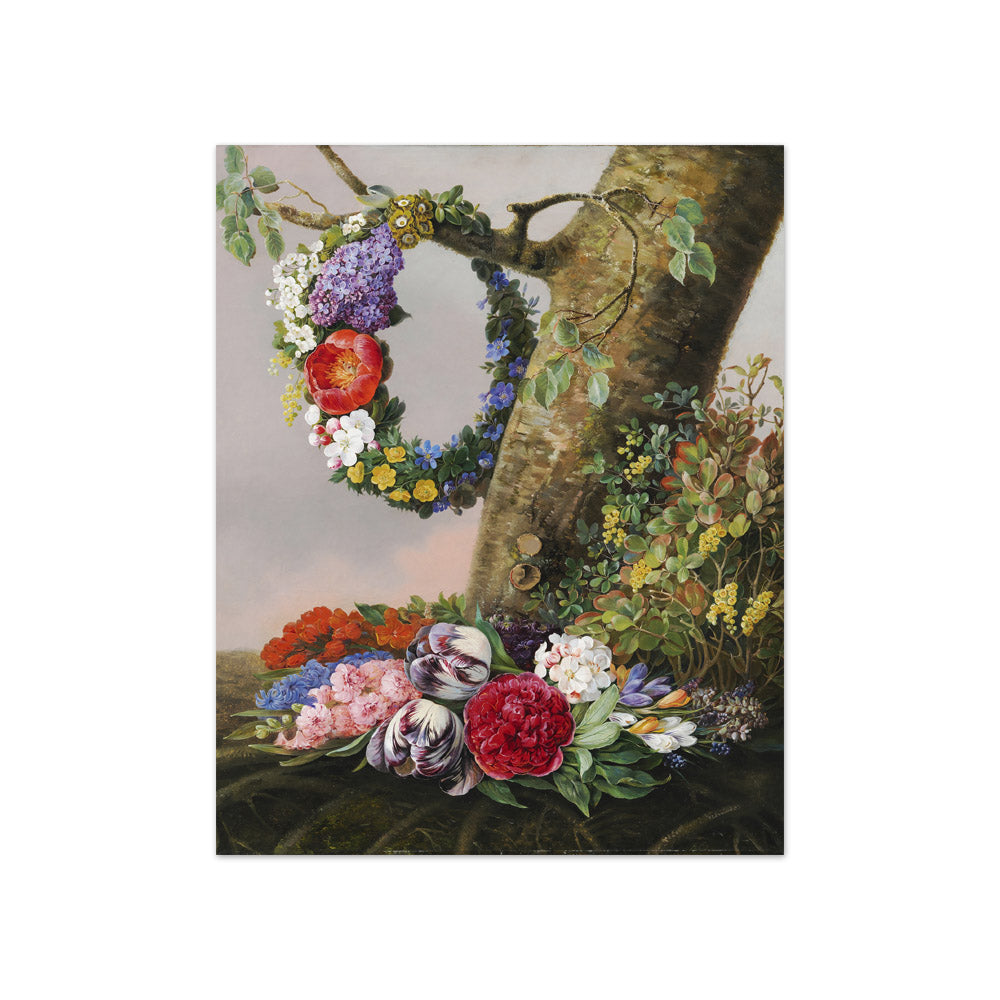 A bouquet of flowers at the foot of a tree. On a branch hangs a flower wreath by Christine Løvmand - Compact / Full Bleed / No Frame