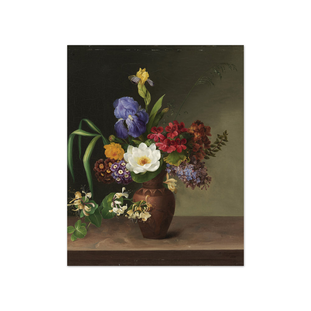 Vase in Greek style with iris, lilac, and honeysuckle. by Hermania Neergaard - Compact / Full Bleed / No Frame