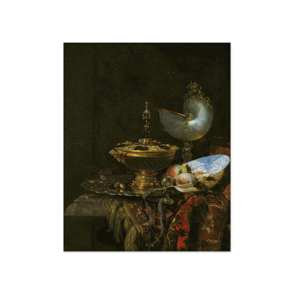 Pronk Still Life with Holbein Bowl, Nautilus Cup, Glass Goblet and Fruit Dish by Willem Kalf - Compact / Full Bleed / No Frame