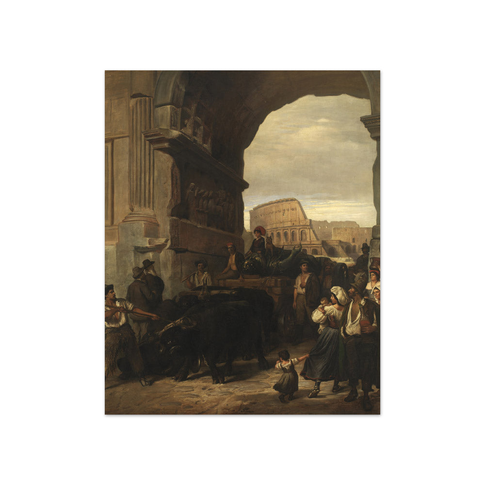 Roman Workmen Transporting an Antique Imperial Statue from the Colosseum through the Arch of Titus to the Capitoline Museums by L.A. Schou - Compact / Full Bleed / No Frame