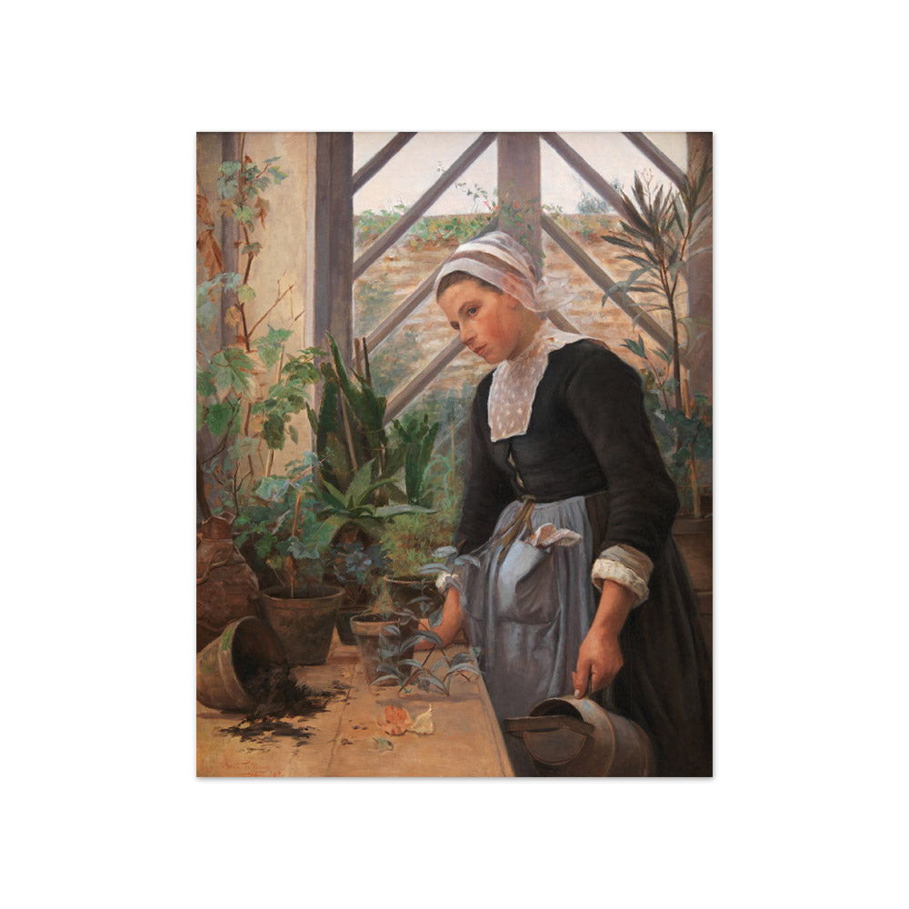 Breton Girl Looking After Plants in the Hothouse by Anna Petersen - Compact / Full Bleed / No Frame