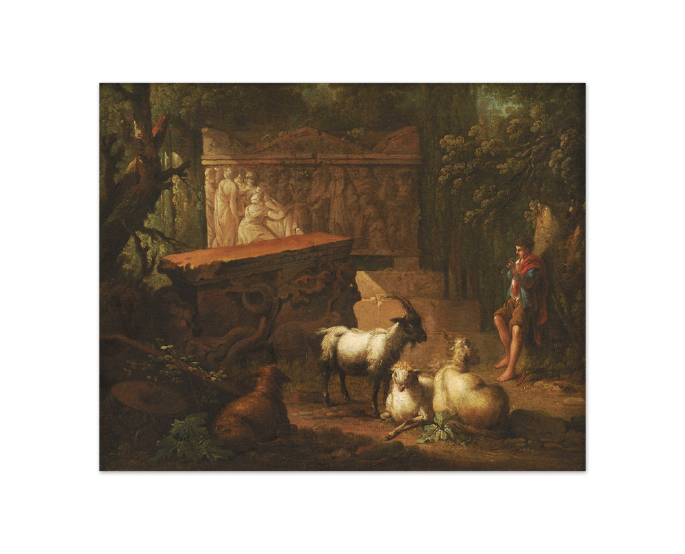 Ancient ruins surrounded by trees, in the foreground a shepherd and some goats by Johan Mandelberg - Compact / Full Bleed / No Frame