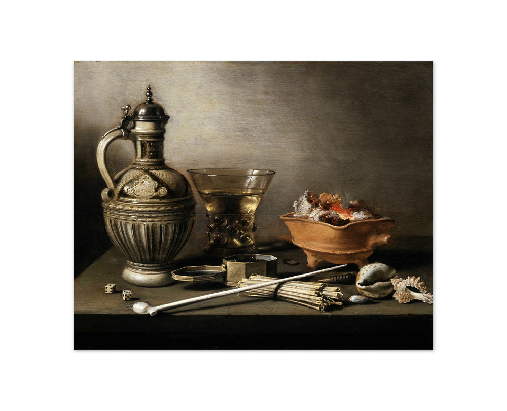 Still Life with a Stoneware Jug, Berkemeyer, and Smoking Utensils by Pieter Claesz - Compact / Full Bleed / No Frame