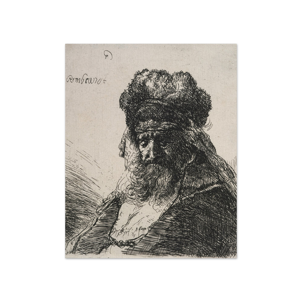 Bearded old man in a high fur cap, with eyes closed by Rembrandt van Rijn - Compact / Full Bleed / No Frame