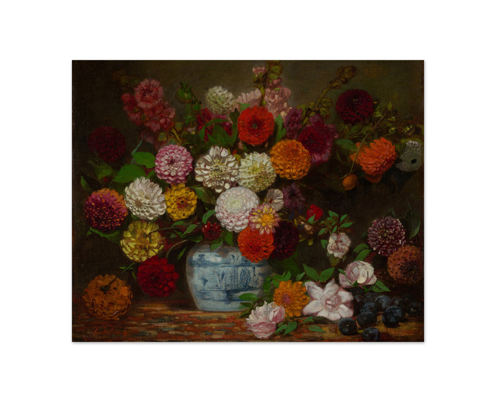 Eugène Delacroix - Large Bouquet of flowers--mostly dahlias--in white, pink, orange and red, in a blue and white round jar - Compact / Full Bleed / No Frame