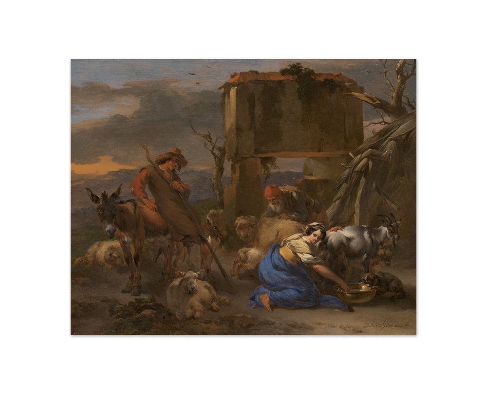 Nicolaes Berchem - Pastoral Scene with a Shepherdess Milking a Goat - Compact / Full Bleed / No Frame