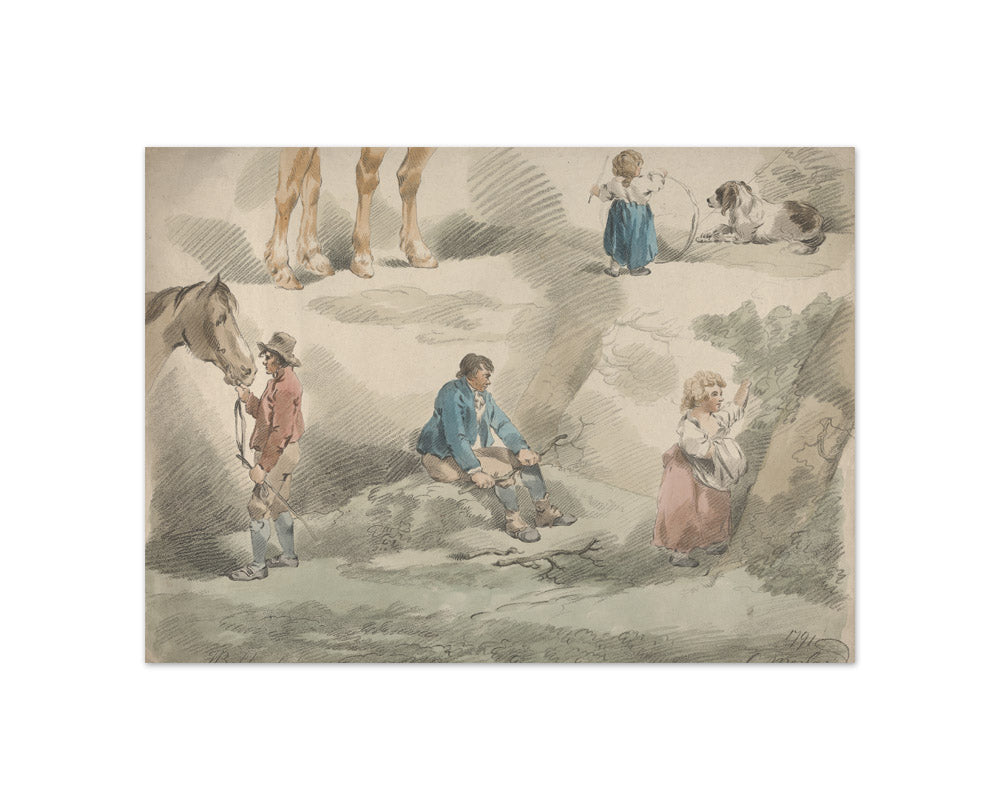 George Morland - Set of Five: Studies of Girls, one Playing with Hoop, one Picking Berries, Man and Horse, etc. - Compact / Full Bleed / No Frame