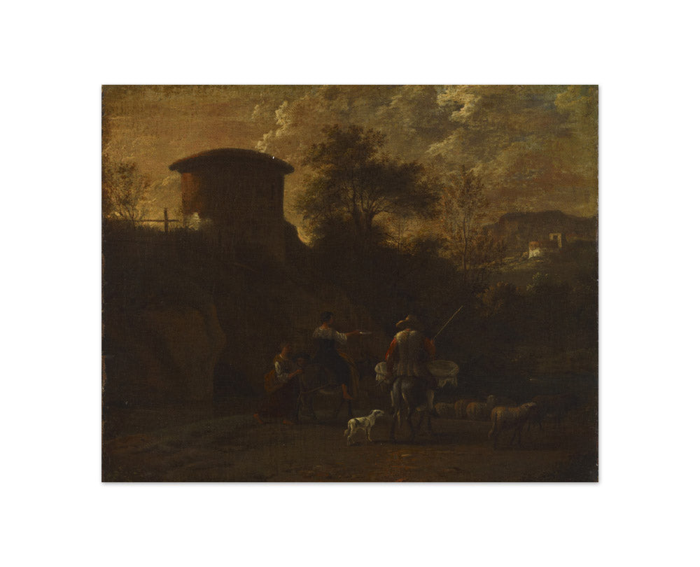 Nicolaes Berchem - Landscape with ruins and a family herding cattle - Compact / Full Bleed / No Frame