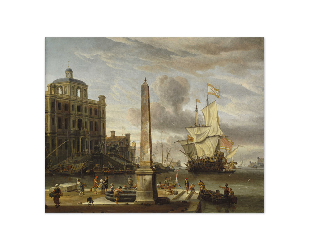 Abraham Storck - Italianate Harbour View with a Fantasy Building and Man-of-War - Compact / Full Bleed / No Frame