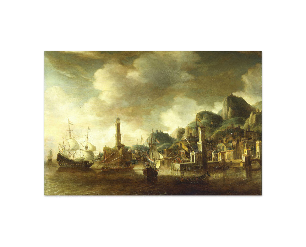 Jan Abrahamsz. Beerstraten - A Dutch Flagship and a Fluyt Running into a Mediterranean Harbour - Compact / Full Bleed / No Frame