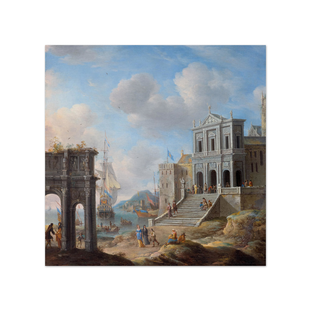 Jan Abrahamsz. Beerstraten - Capriccio with the Arch of Constantine and San Gregorio Magno al Celio next to a Harbour - Compact / Full Bleed / No Frame