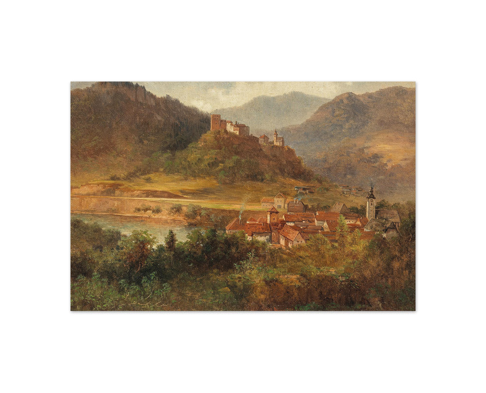 Adolf Obermüllner - Village with River and Castle - Compact / Full Bleed / No Frame