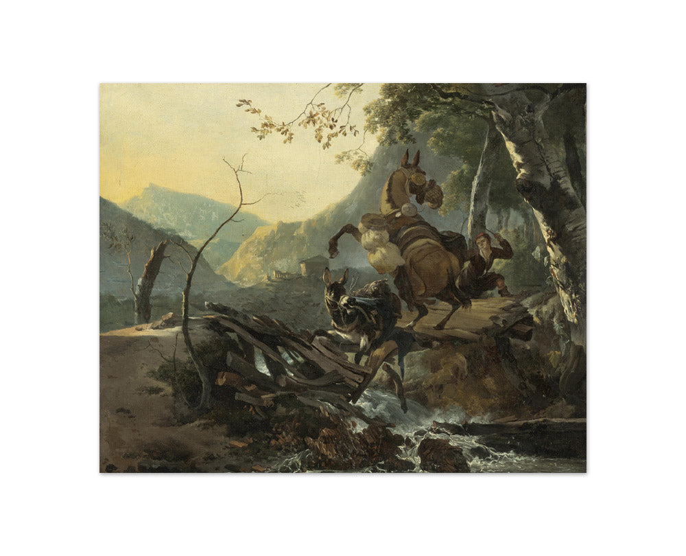 Adam Pijnacker - Italianate Landscape with a Donkey and a Rearing Horse Crossing a Collapsing Bridge - Compact / Full Bleed / No Frame