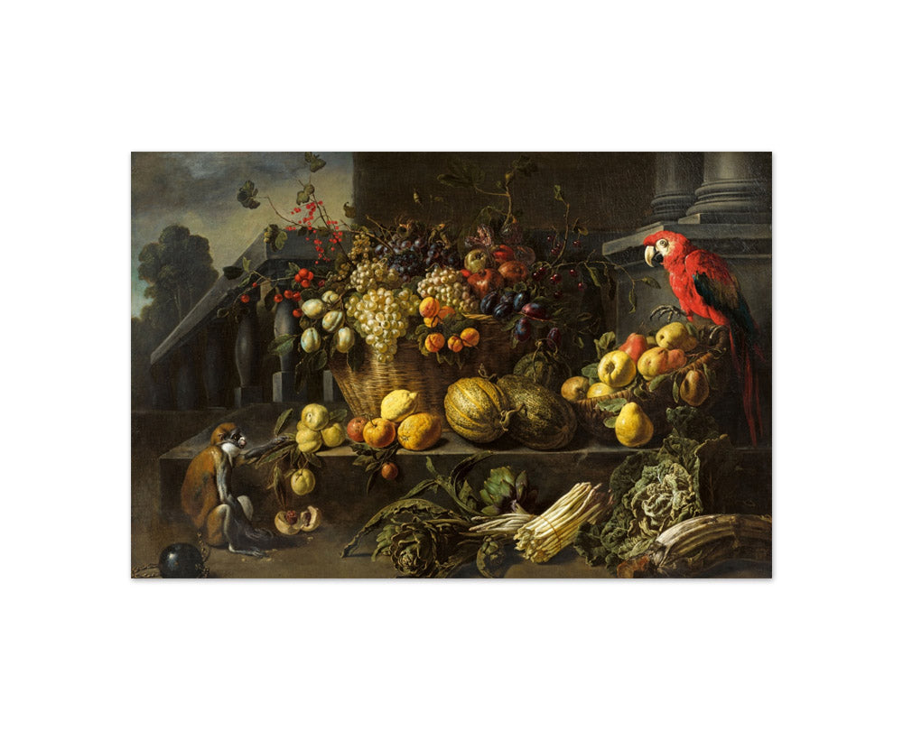 Adriaen van Utrecht - Still Life with Fruits, Vegetables, a Monkey and a Parrot in a Garden - Compact / Full Bleed / No Frame