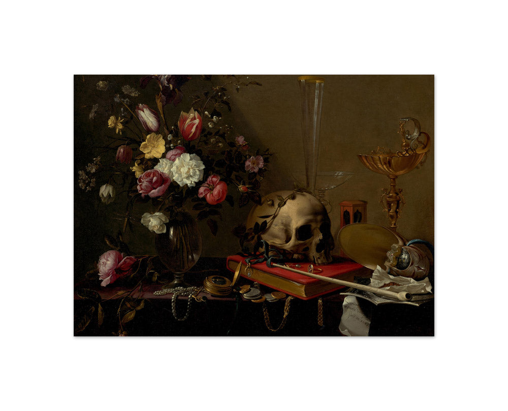 Adriaen van Utrecht - Vanitas Still Life with a Bouquet, a Skull and Precious Objects - Compact / Full Bleed / No Frame