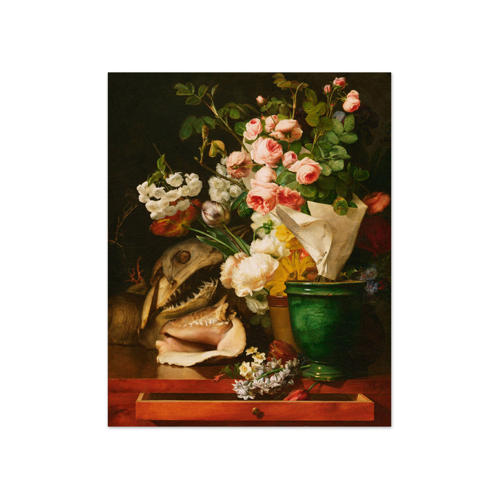 Antoine Berjon - Still Life with Flowers, Shells, a Shark's Head, and Petrifications - Compact / Full Bleed / No Frame