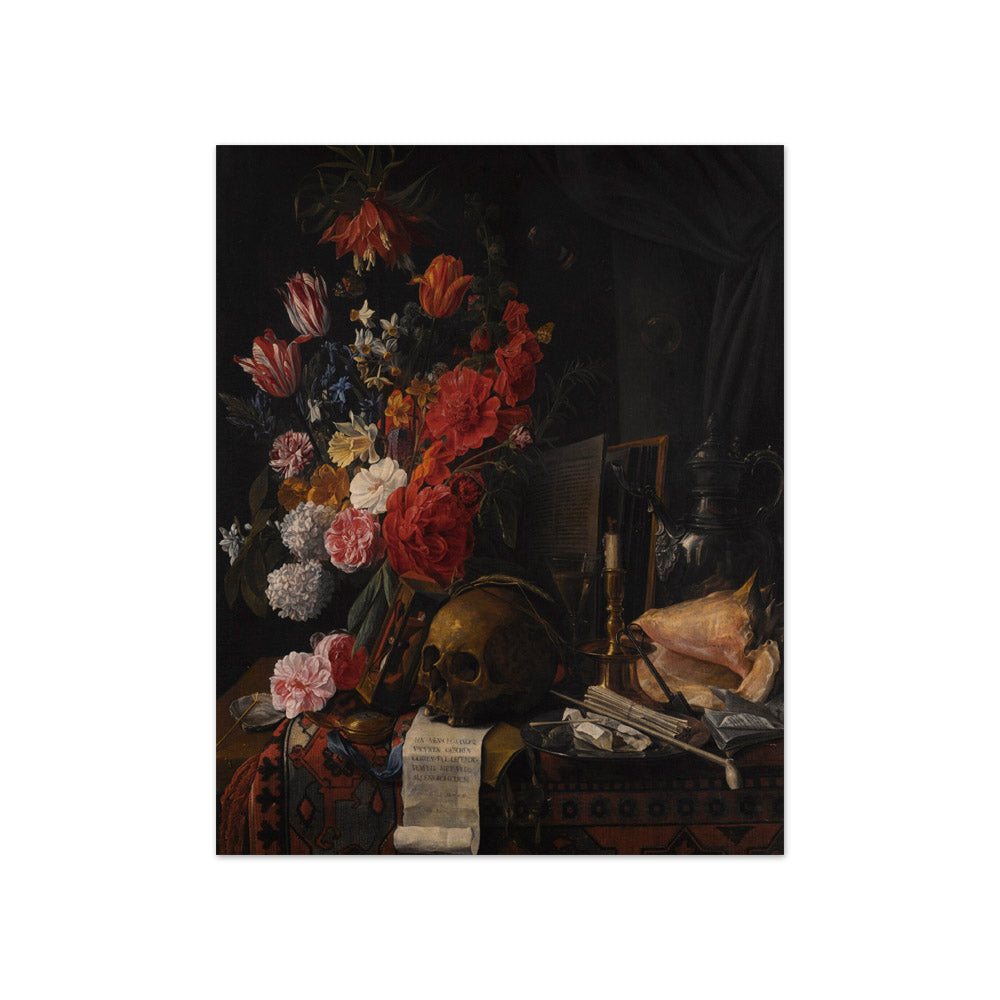 Nicolaes van Veerendael - Vanitas Still Life with Flowers, a Skull, Hourglass, Conch Shell and Silver Jug on a Partially Draped Table - Compact / Full Bleed / No Frame
