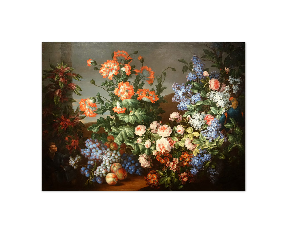 Jean Baptiste Monnoyer - Still Life with Flowers, Fruits, a Parrot, and a Monkey - Compact / Full Bleed / No Frame