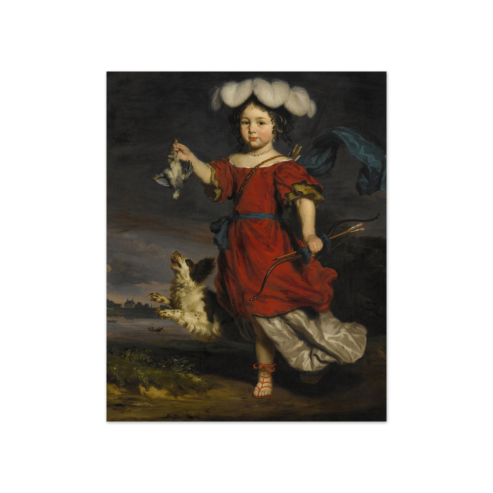 Nicolaes Maes - A Portrait of a Child dressed as a Hunter with a Dead Bird and a Dog - Compact / Full Bleed / No Frame