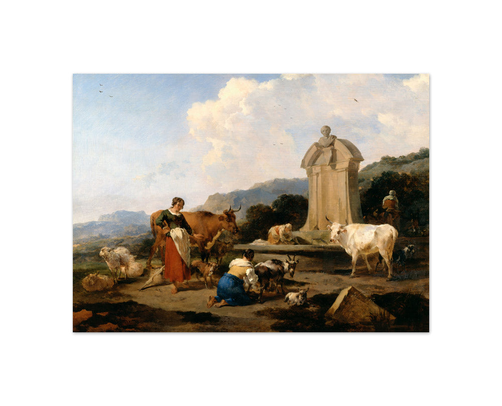 Nicolaes Pietersz Berchem - Roman Fountain with Cattle and Figures - Compact / Full Bleed / No Frame